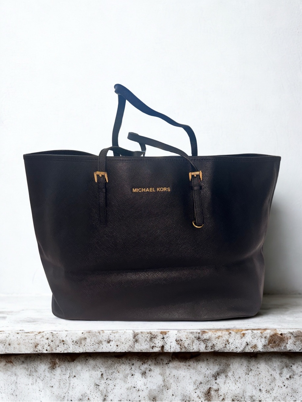 Michael Kors Black Leather Tote with Gold Logo and Hardware
